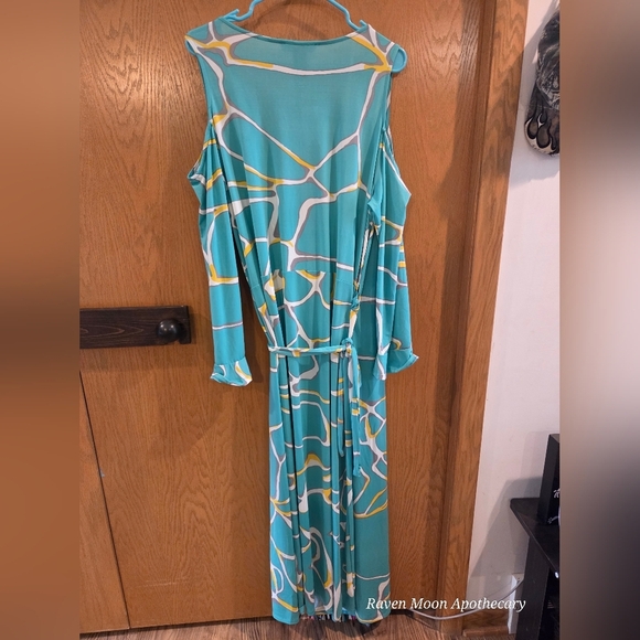 Teal and Yellow Abstract Wrap Dress - Picture 2 of 10